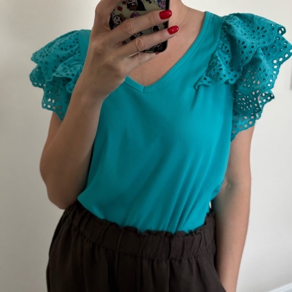 Chico’s Ribbed Eyelet Flutter Sleeve Tee Turquoise size M-L - Picture 10 of 11